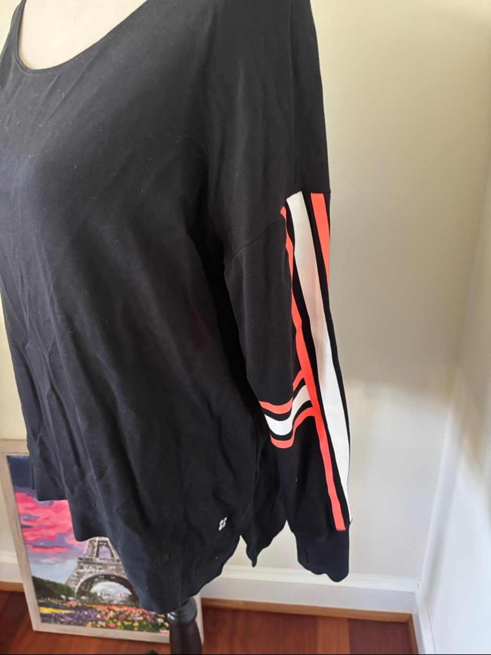 Sweaty Betty Black Long-Sleeve Top with Orange and White Sleeve Stripes - Picture 2 of 4